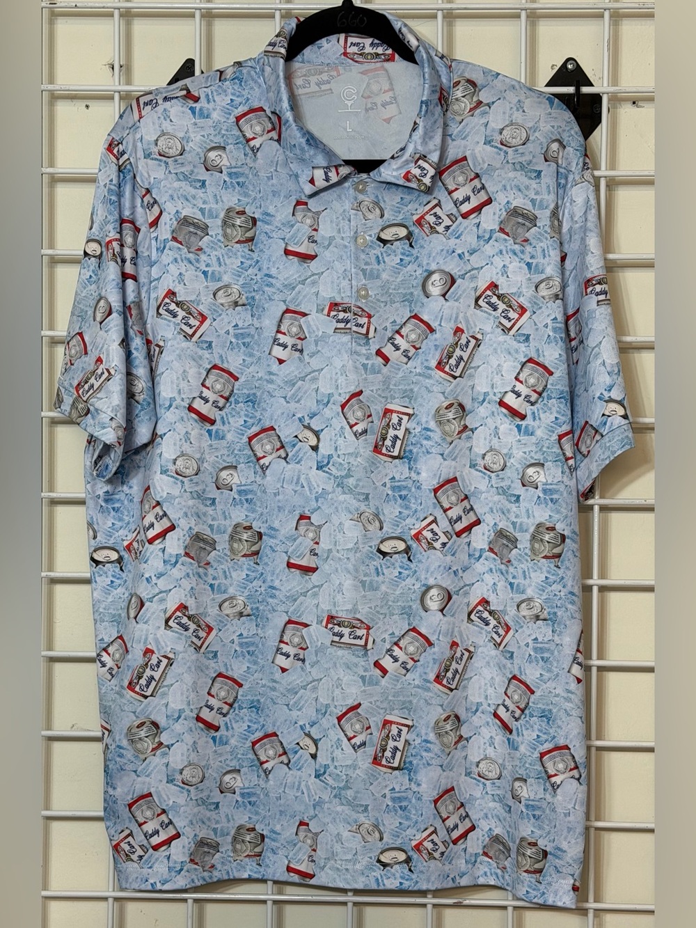 Caddy Cart Golf Shirt Men’s Large Polo All Over Beer Can’s on Ice Print